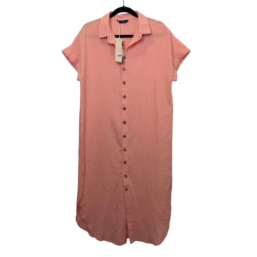 Dokotoo Womens Pink Gauze Button Down Shirt Dress Midi Short Sleeve Size M NEW